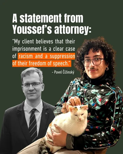 Advokát Čižinský brání svého klienta na Facebooku Prague4PalestineYouth.  