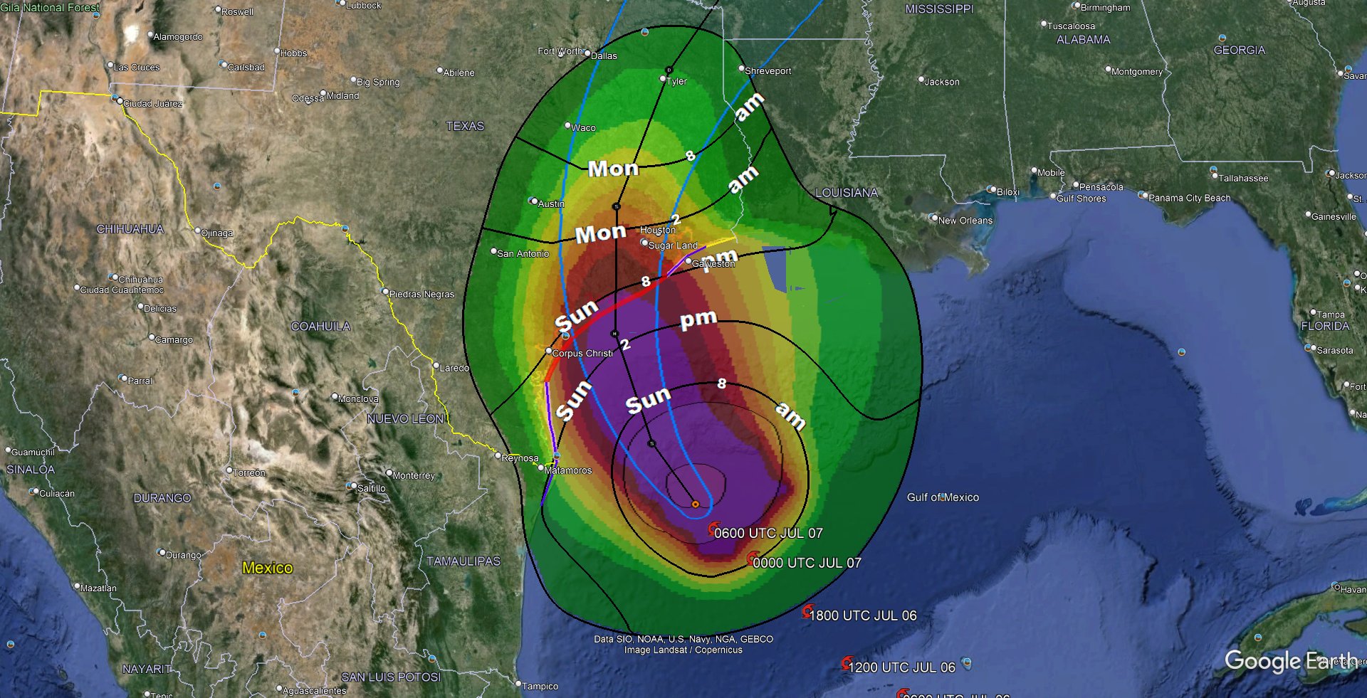 Postup hurikánu Beryl na Spojené státy.