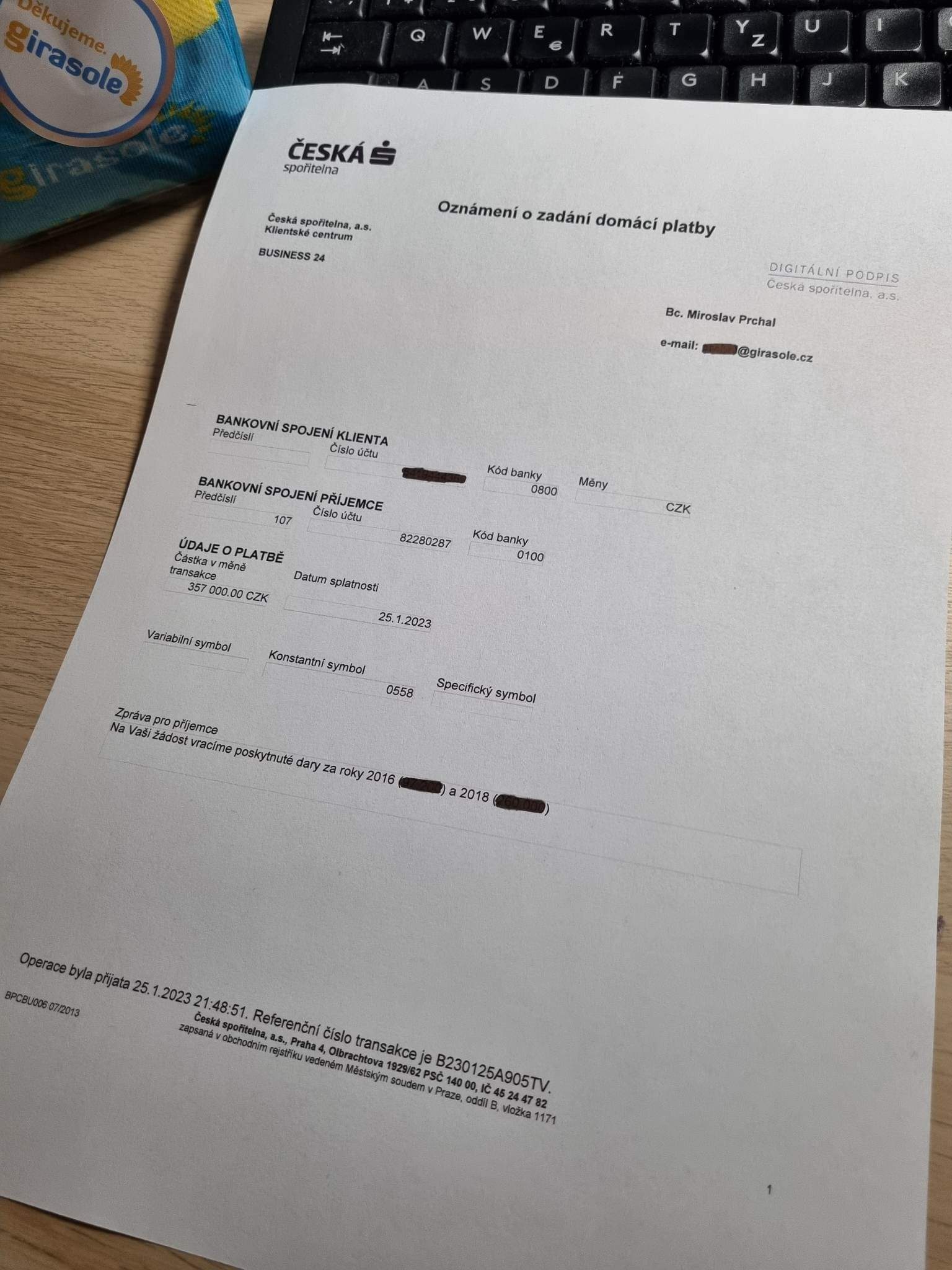 Hospic vrací peníze Nadaci Agrofert