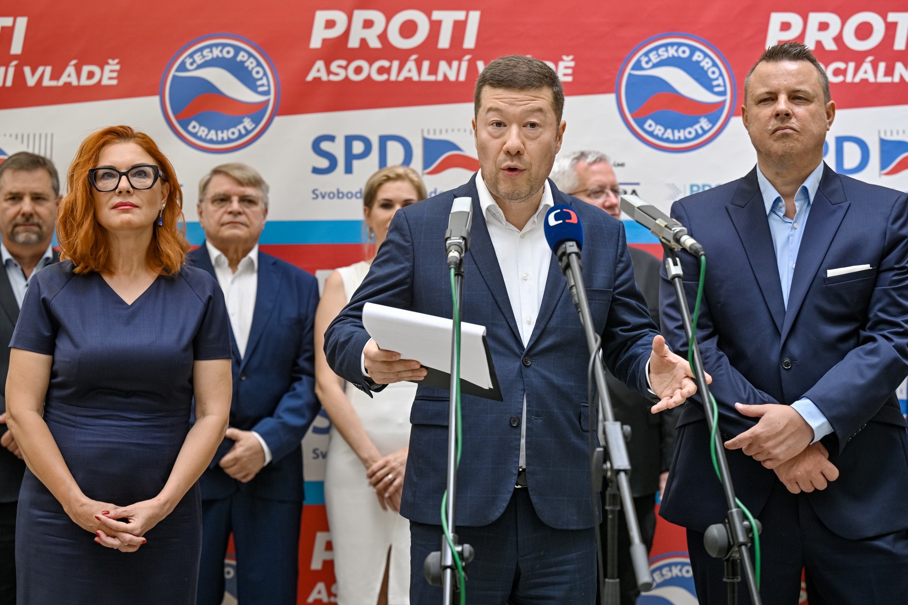 Zuzana Majerová (Trikolora), Tomio Okamura (SPD) a Jindřich Rajchl (PRO) (11. 7. 2024)