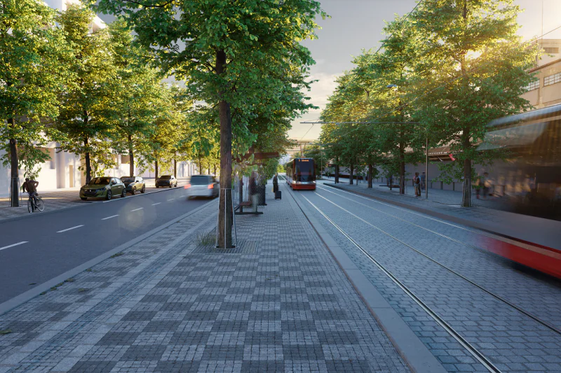 Vizualizace: Nová tramvajová trať Olšanská – Habrová, zastávka Nový Žižkov