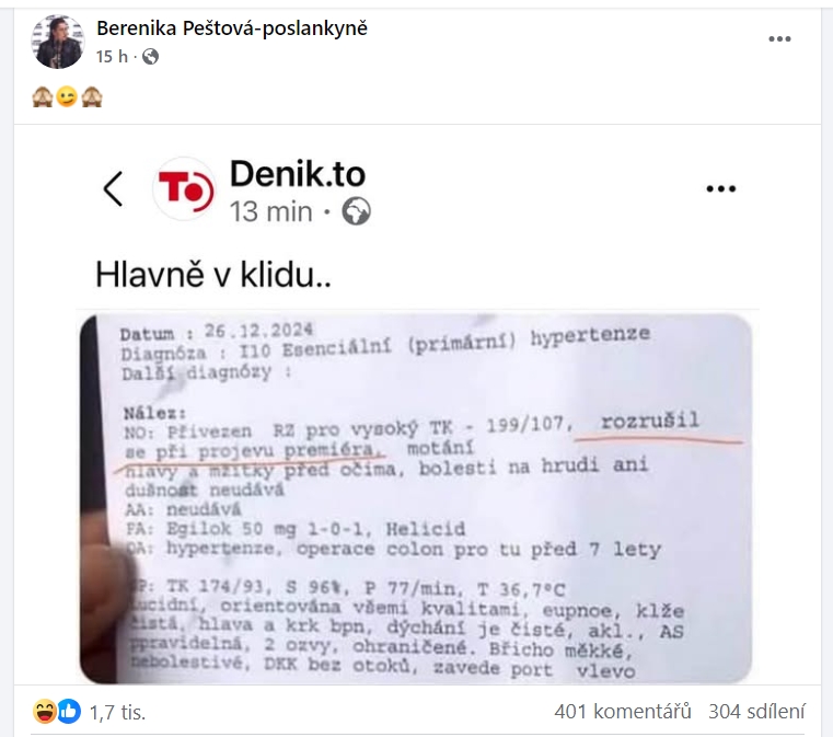Poslankyně ANO Berenika Peštová přebrala příspěvek od deníku To.