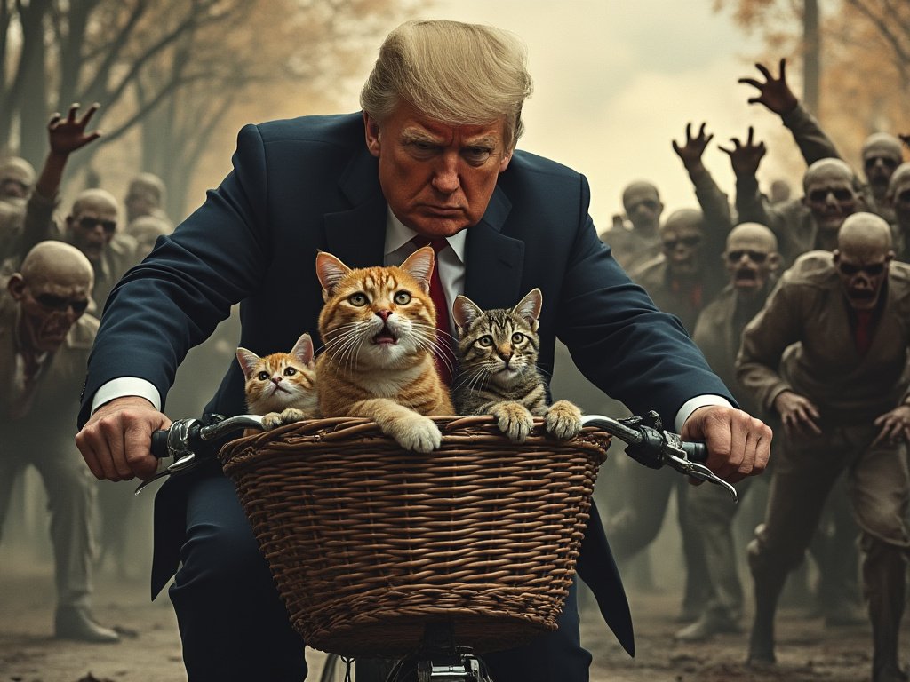 Trump statečně zachraňuje kočky před imigranty.