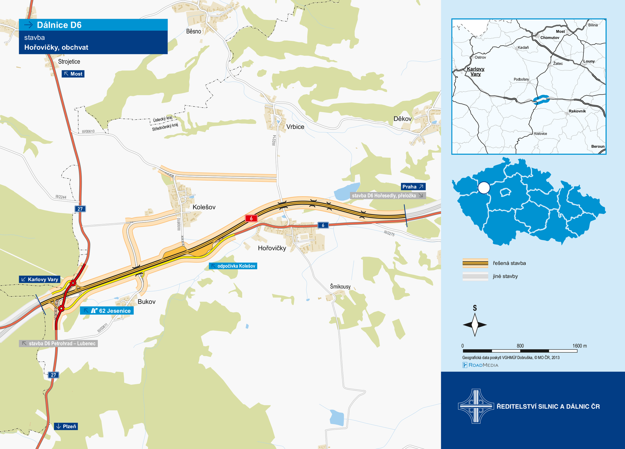 Mapa úseku dálnice D6 u obce Hořovičky.
